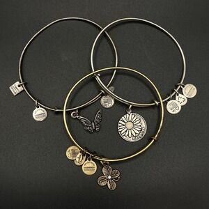 Alex and Ani Charm Bangle Bracelet Set Women Silver Gold Butterfly Daisy Clover